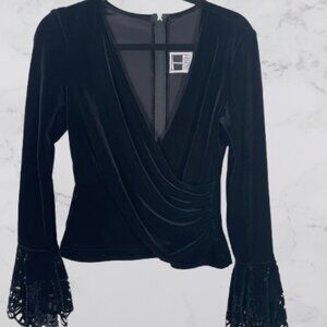 VTG Tadashi Shoji Black Velvet Flare Sleeve Wrap Top Sz XL Vampy Whimsigoth 90's